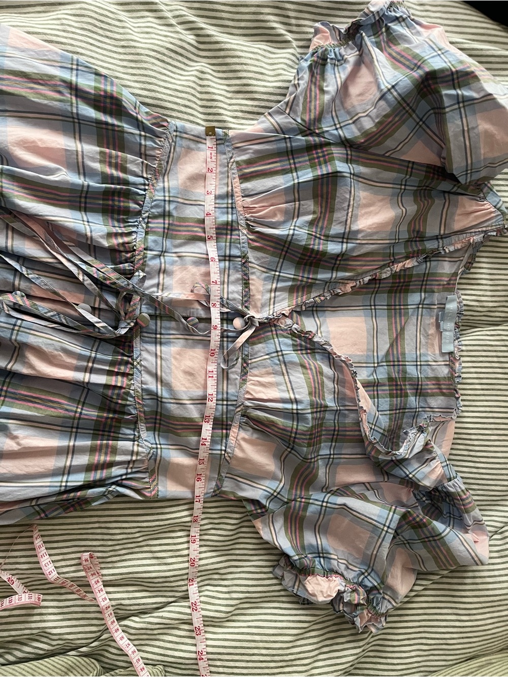 Plaid Puff-Sleeve Midi Dress in Pastel Pink and Blue hill house home - Picture 6 of 6